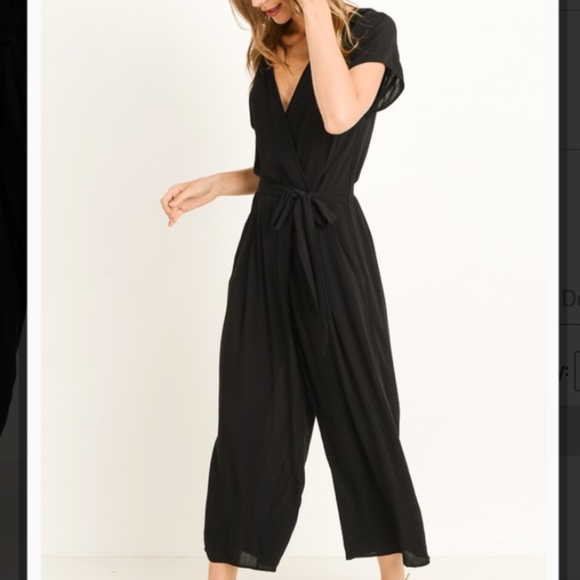 Black Wrap Top Short Sleeve Jumpsuit - Picture 3 of 4